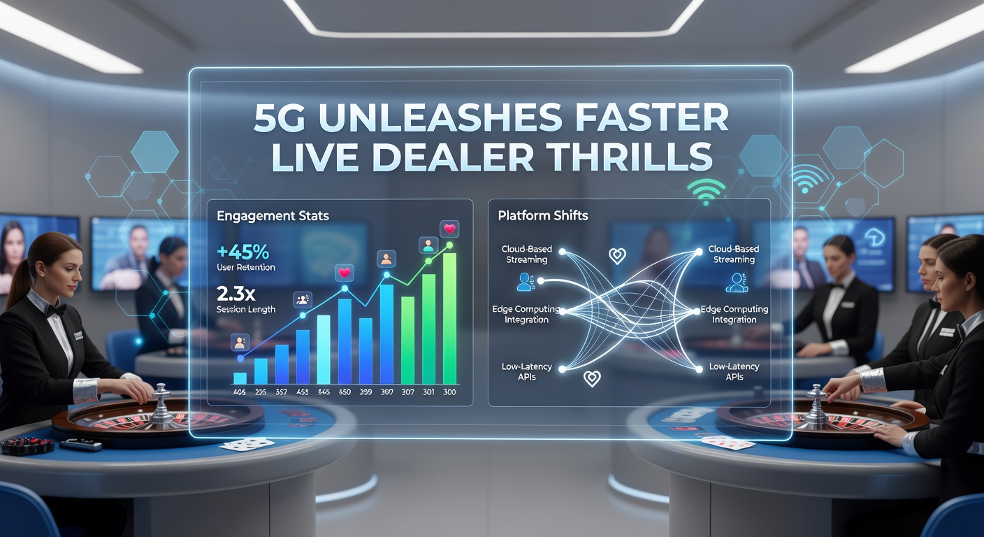 Graph displaying rising engagement stats for 5G live dealer games, with bars showing session time, bets, and retention increases
