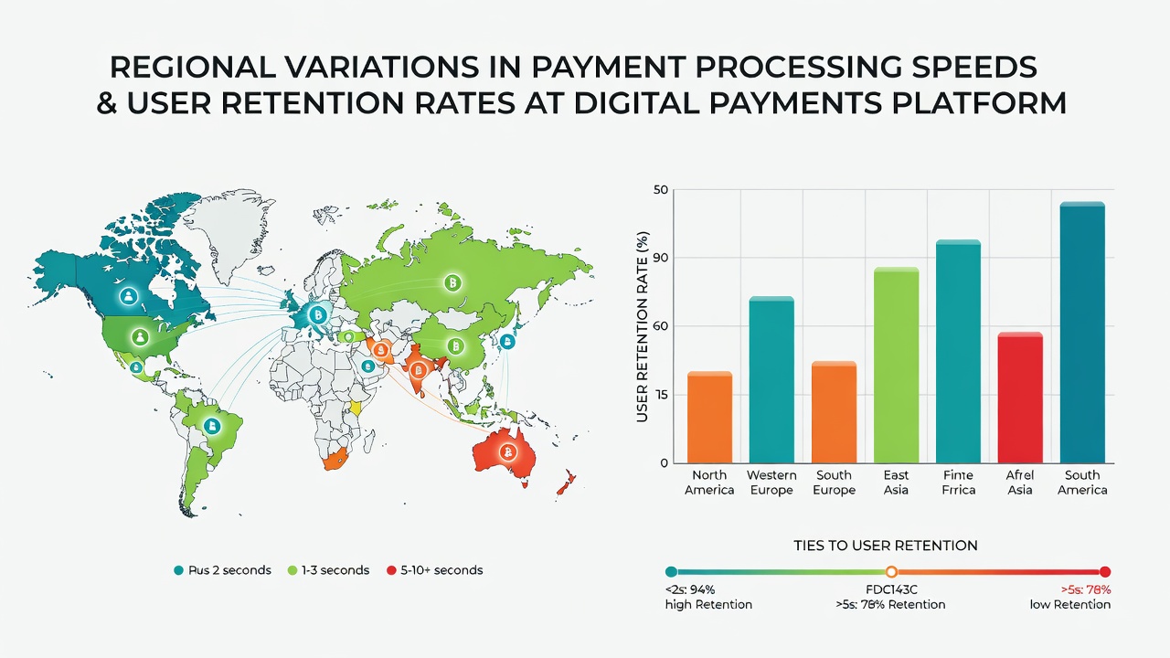 Bar chart comparing payment processing speeds across continents and linked retention percentages at online poker sites