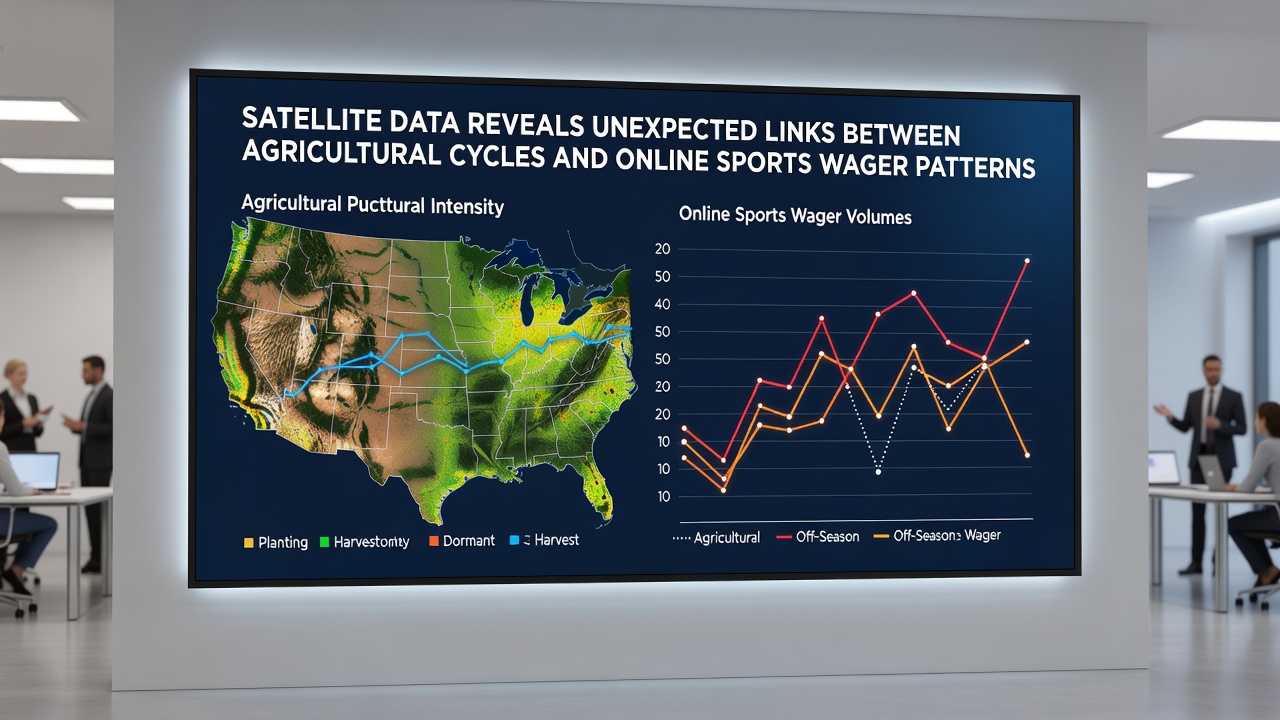 Composite satellite view of harvested fields next to county-level wagering volume charts for August through October periods