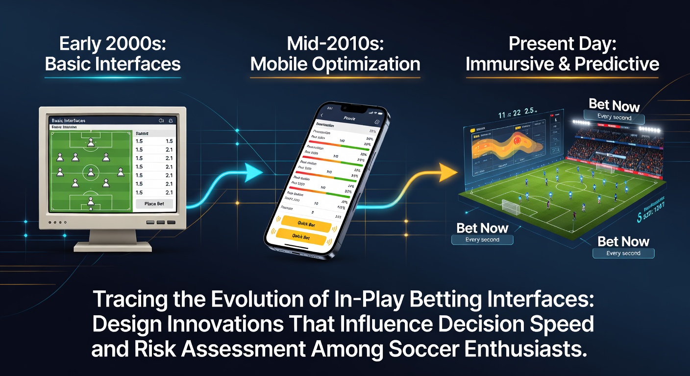 Early text-based in-play soccer betting screens compared to modern visual interfaces with real-time data overlays