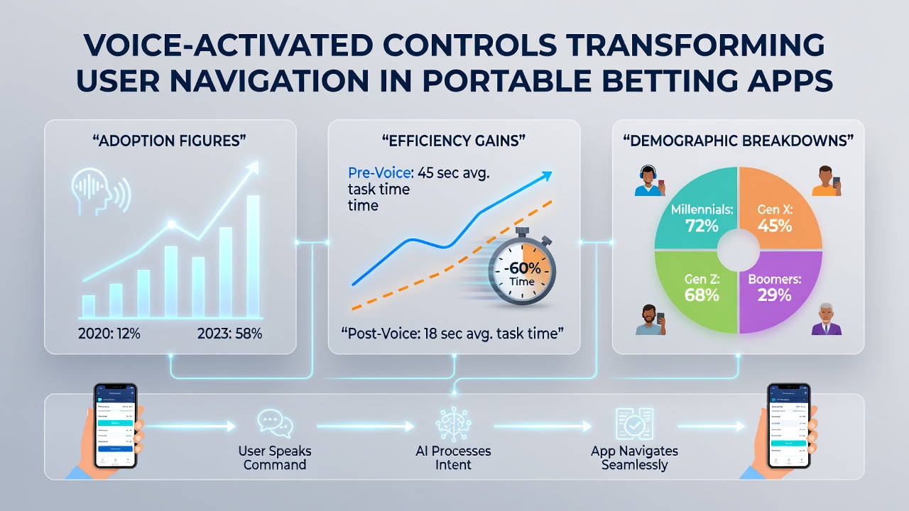 Voice-activated controls interface on a portable betting app showing navigation commands