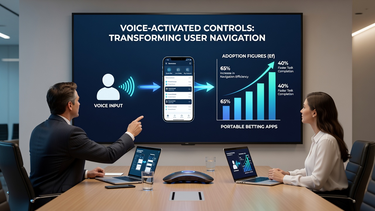 User interacting with voice controls on a mobile betting device during a live event